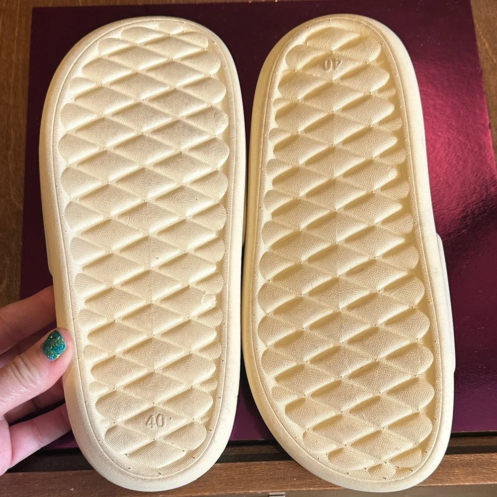Lemonade Cream Monogram Embossed Slide Sandals | Designer Inspired Summer Slides